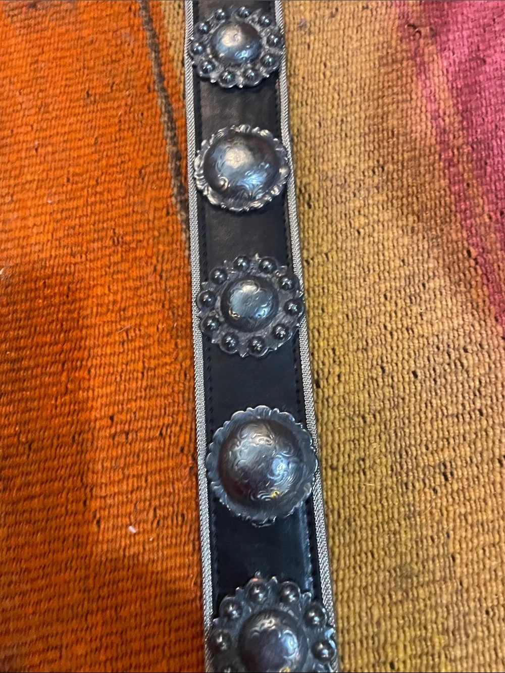 Another Line Black Western Faux Leather Belt with Engraved Pewter Conchos